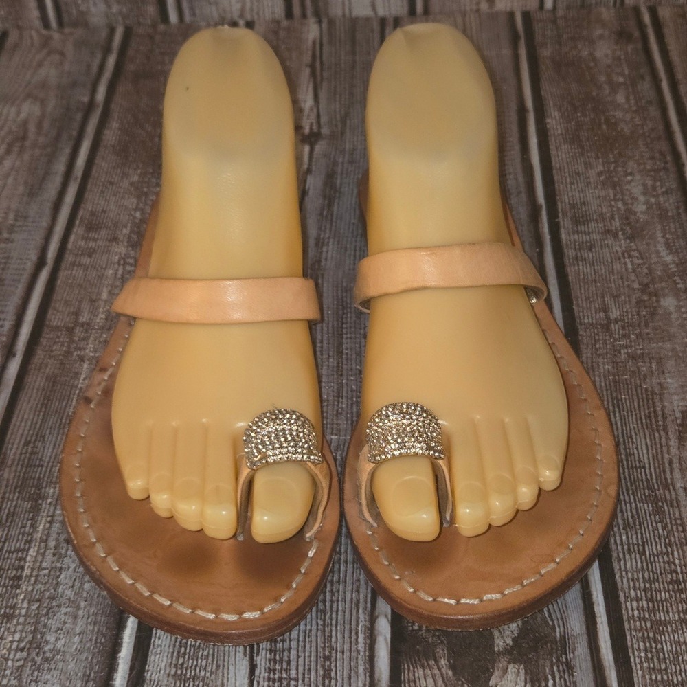 Sz 38/ 7 Womens Henri Bendel Tuccia Prima Leather‎ Crystal Toe Ring Flat Sandals